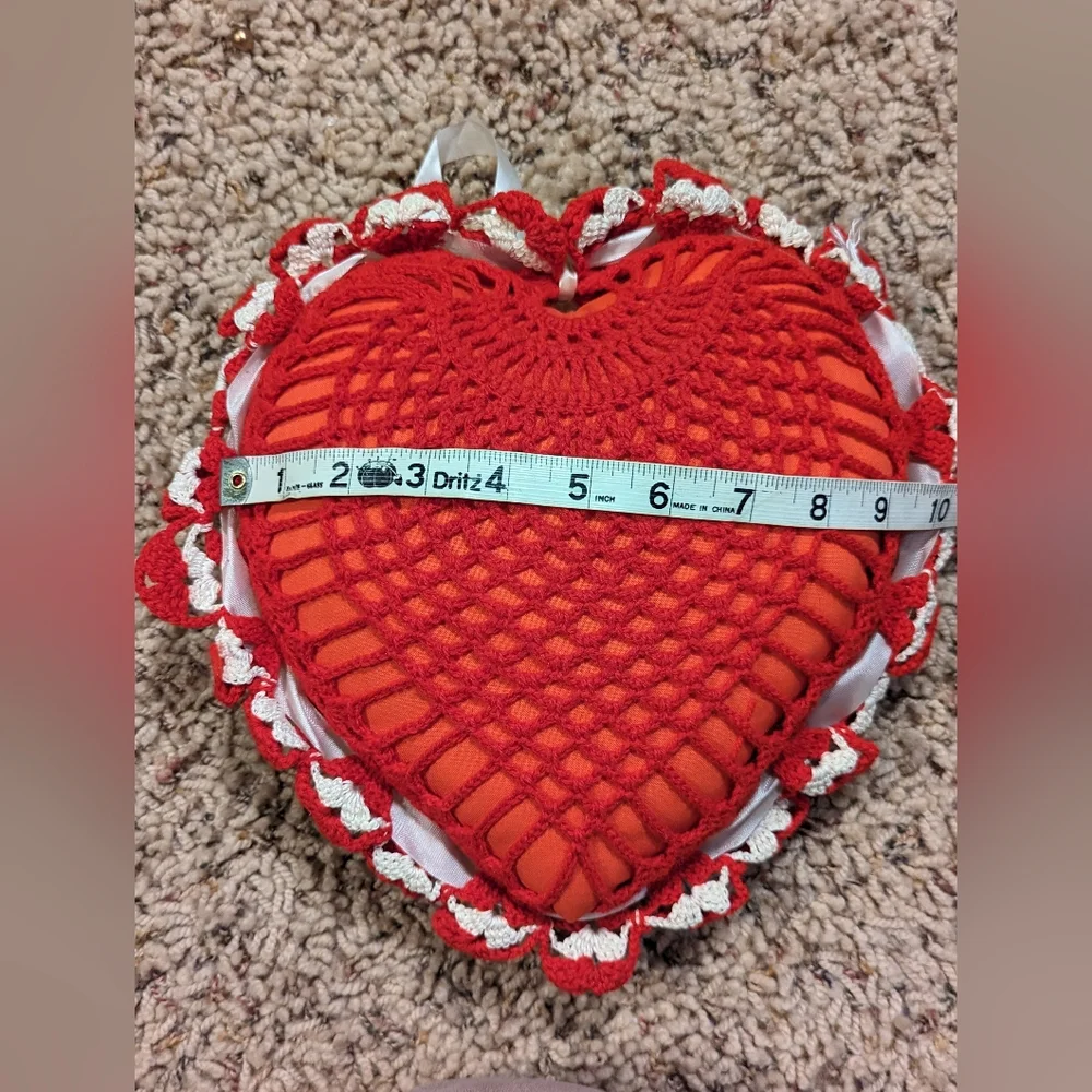 Vintage 1” Heart Pillow Crocheted  Satin‎ Ribbon Handmade Valentine Cottage Core